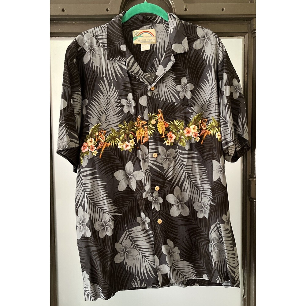 Vintage Paradise Found Hawaiian Shirt Adult  Large Black Floral Aloha Girl